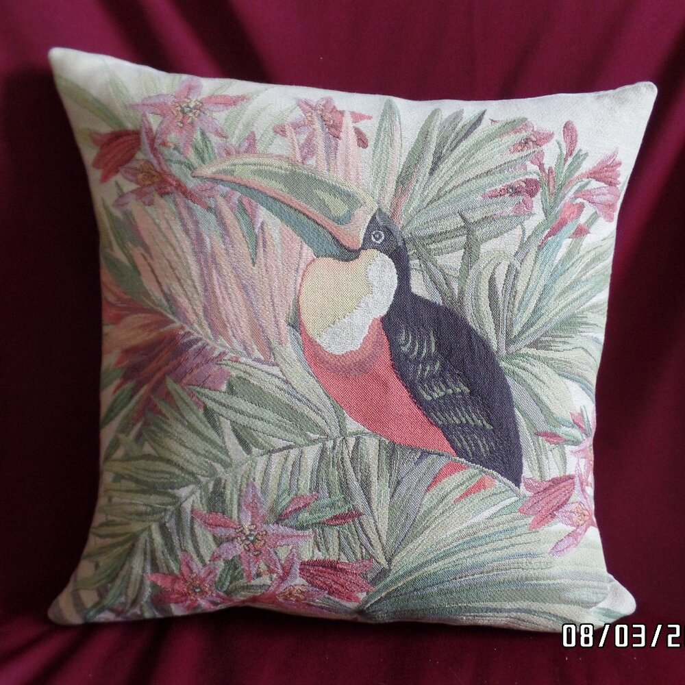 Tapestry Toucan Pillow 15x15 Luxury Down/Feathers Clean